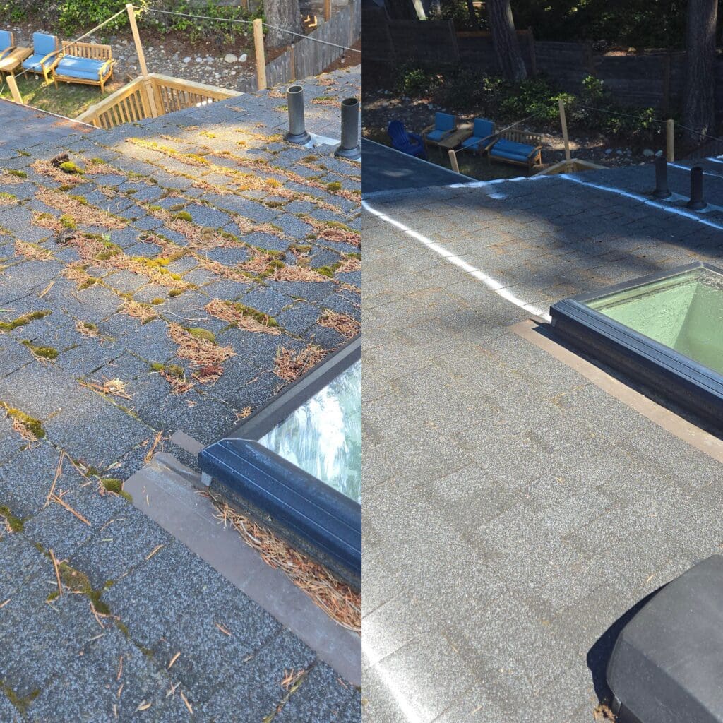 Roof cleaning before and after.