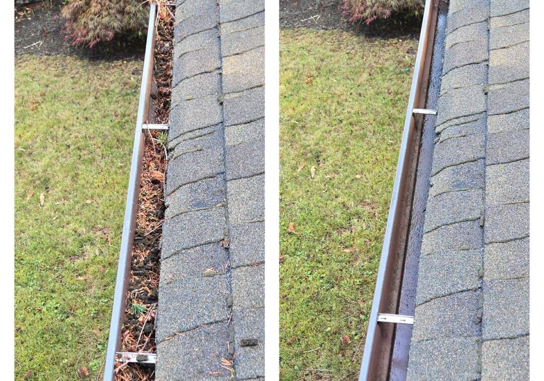 A before and after picture of gutter cleaning.